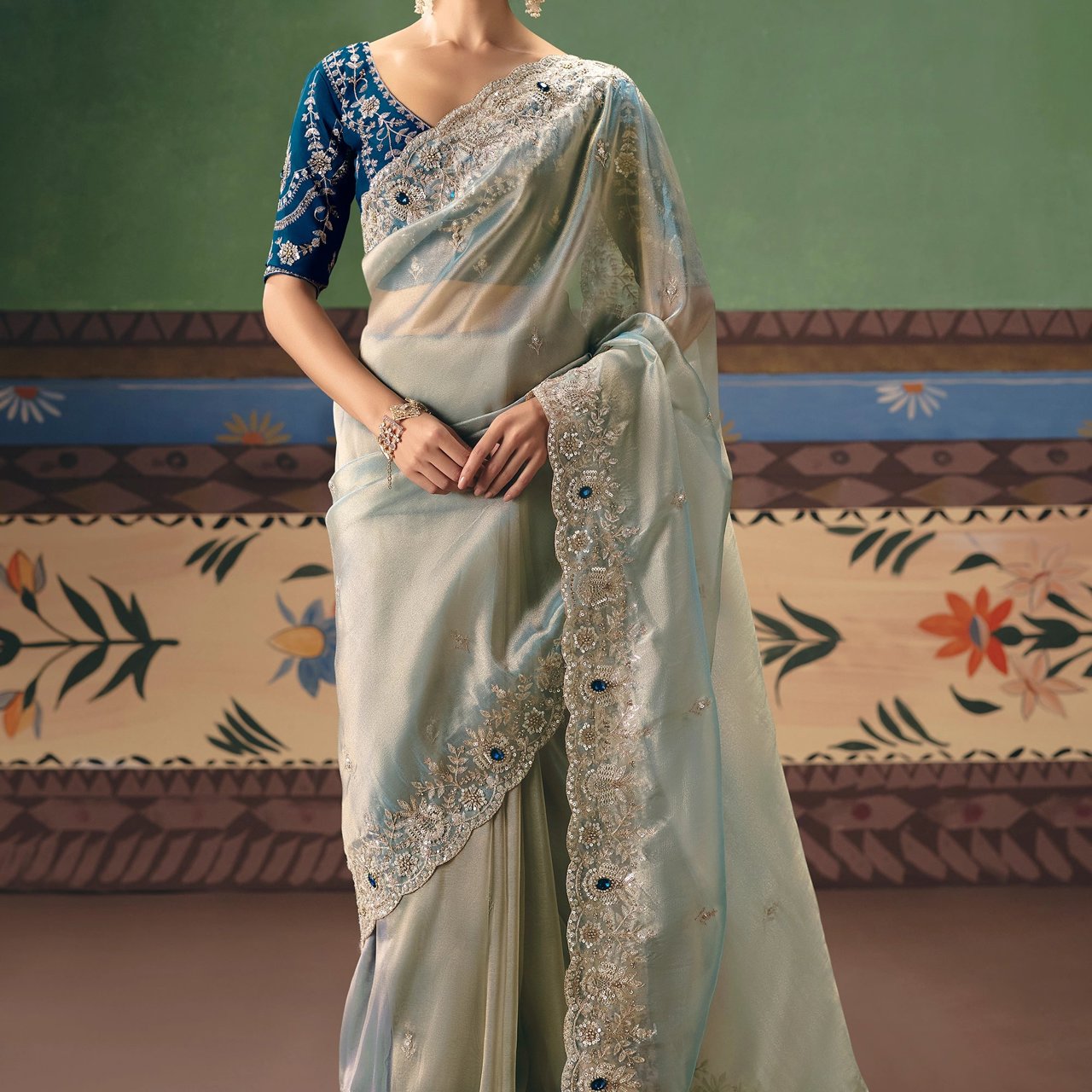 Cloud Blue Embroidered Designer Saree