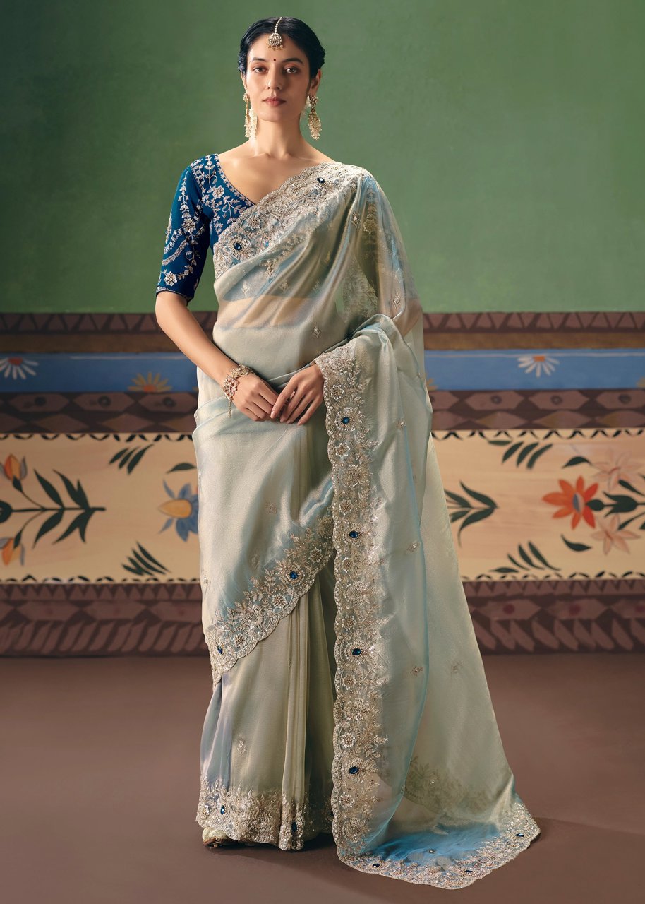 Cloud Blue Embroidered Designer Saree