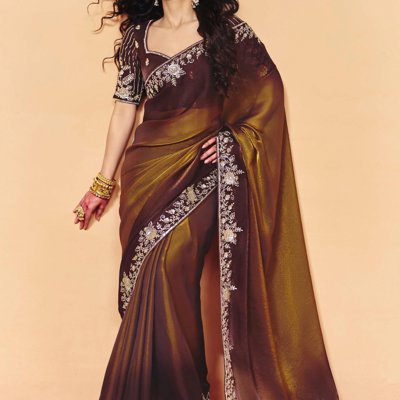 Coffee Brown Embroidered Designer Tissue Saree