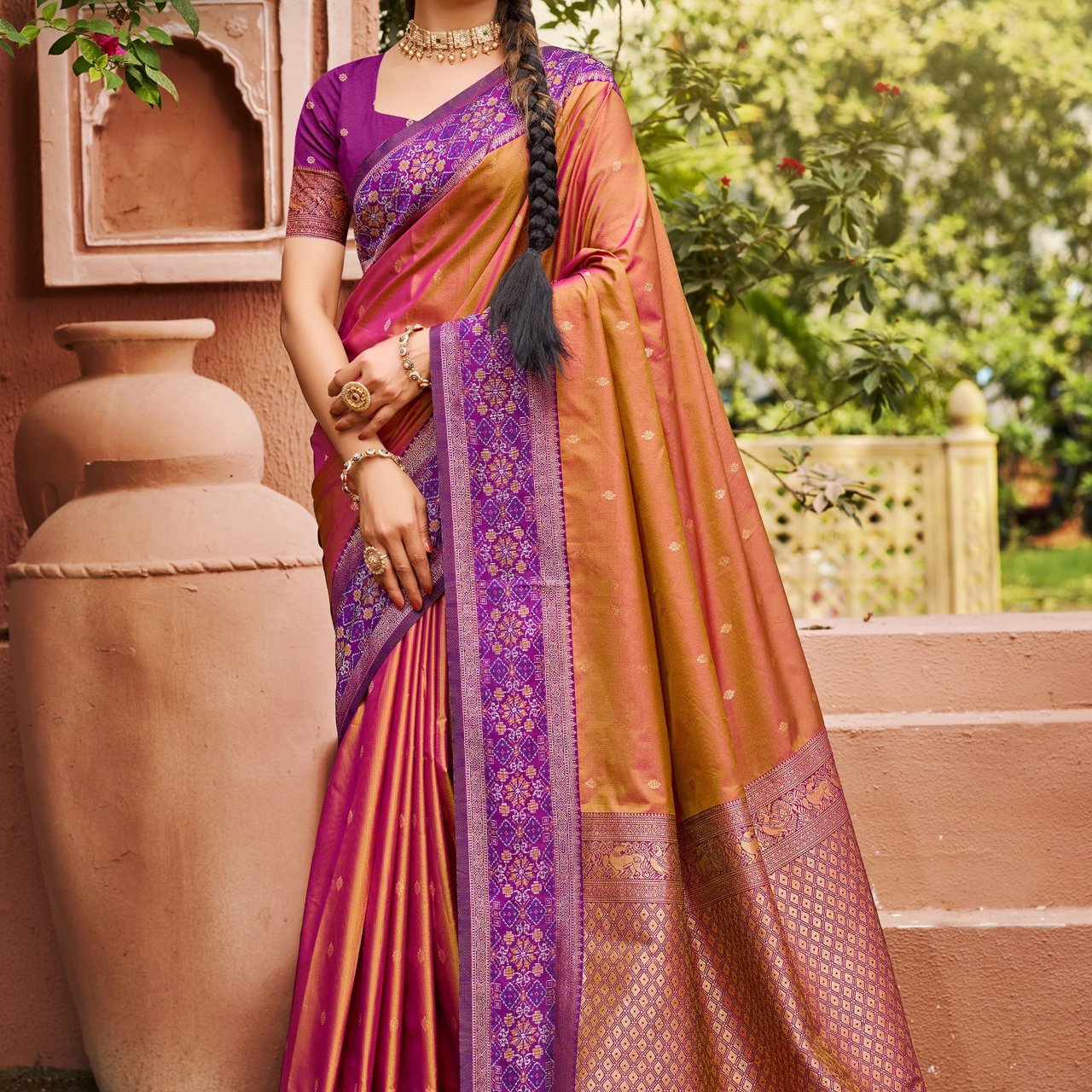 Copper Brown Woven Banarasi Silk Saree
