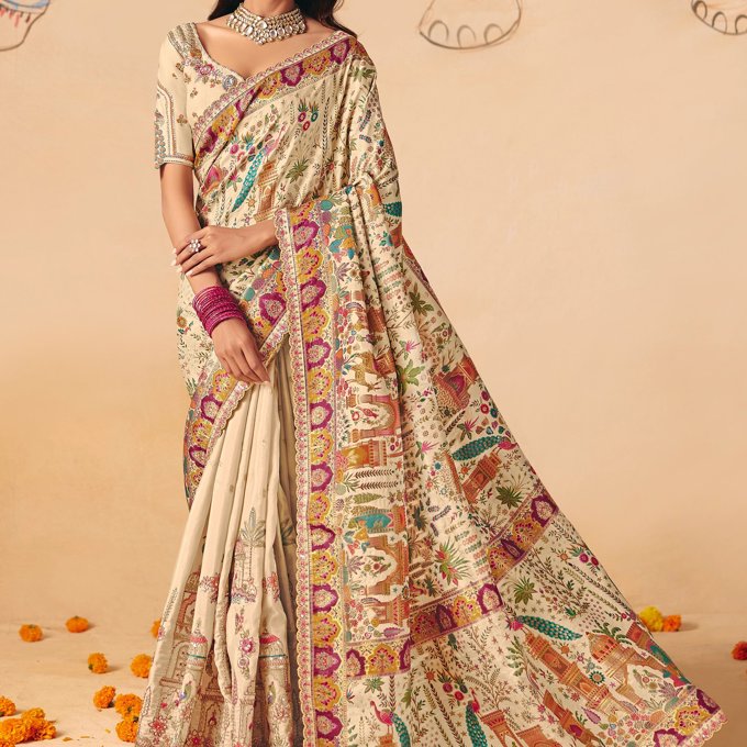 Cream White Designer Embroidered Saree