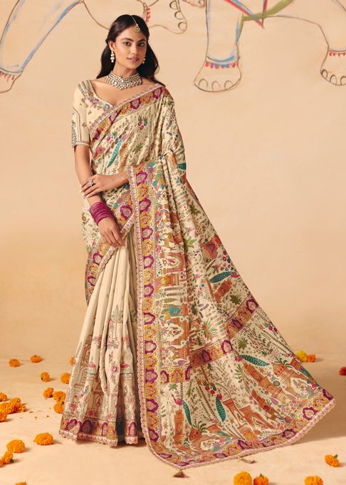 Cream White Designer Embroidered Saree