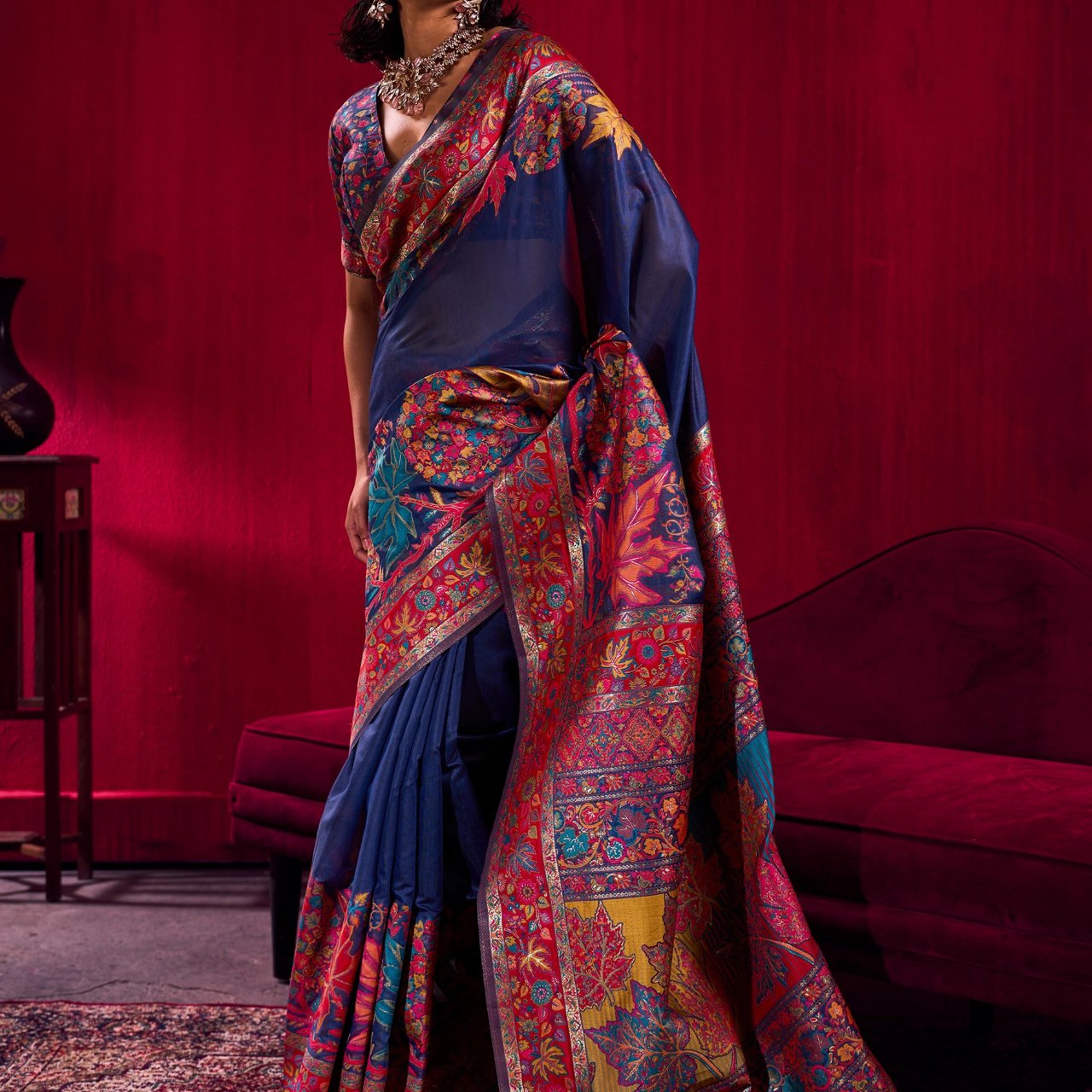 Depth Blue Woven Cotton Kashmiri Jamewar Saree