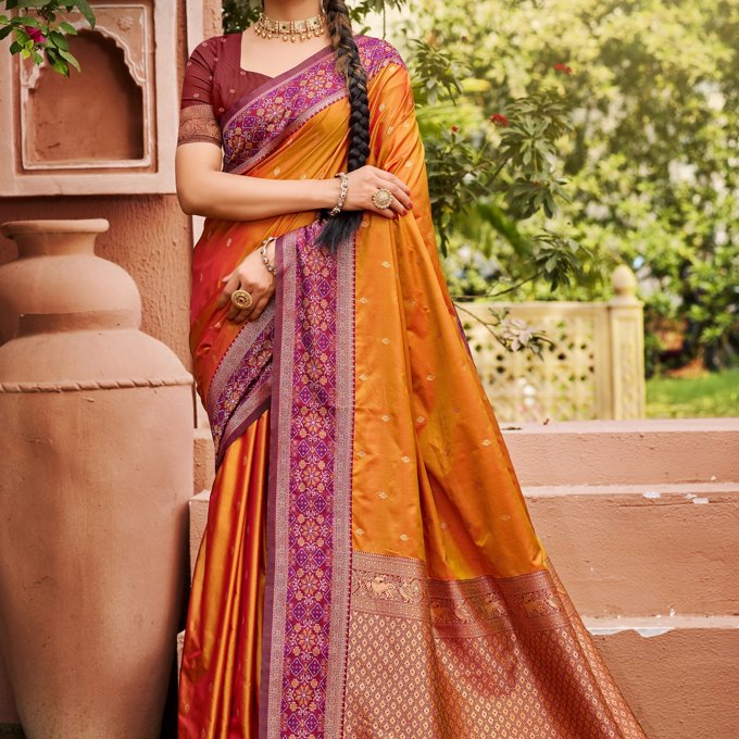 Dusky Orange Woven Banarasi Silk Saree