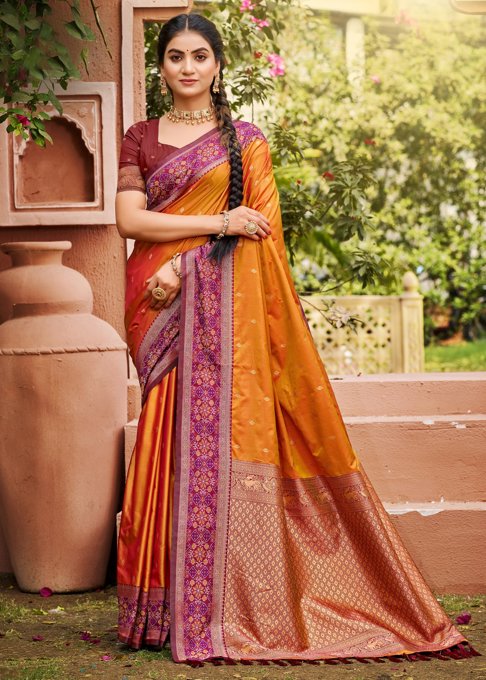 Dusky Orange Woven Banarasi Silk Saree
