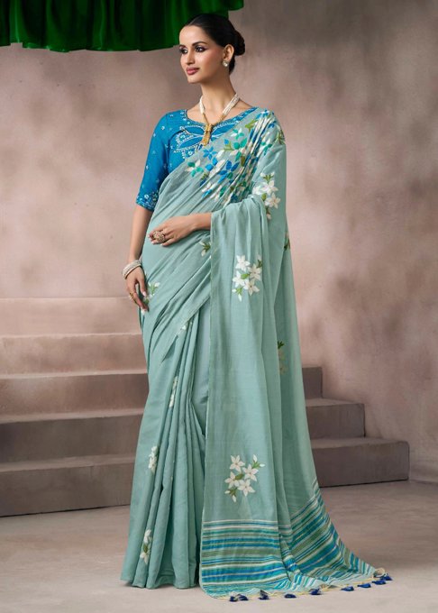 Exclusive Offer Light Cyan Woven Cotton Silk Saree