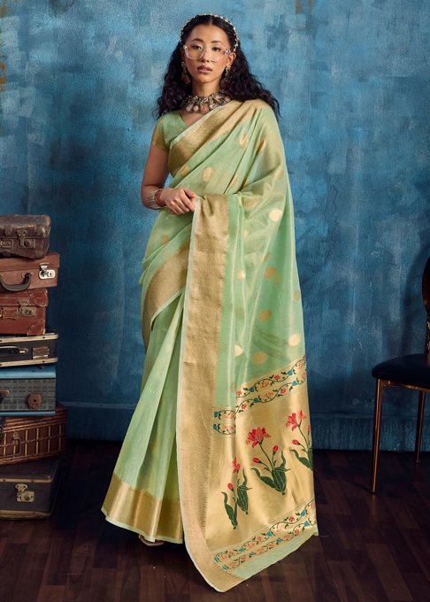 Fair Green Woven Paithani Tissue Silk Saree