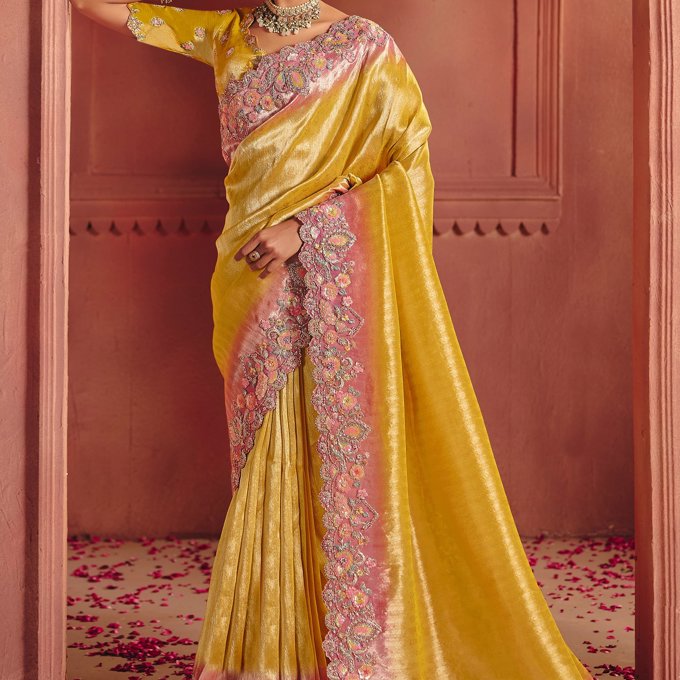 Festive Yellow Designer Embroidered Saree