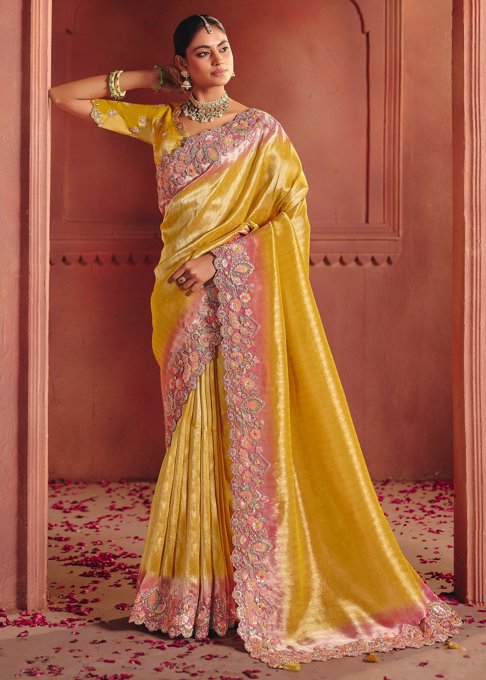 Festive Yellow Designer Embroidered Saree