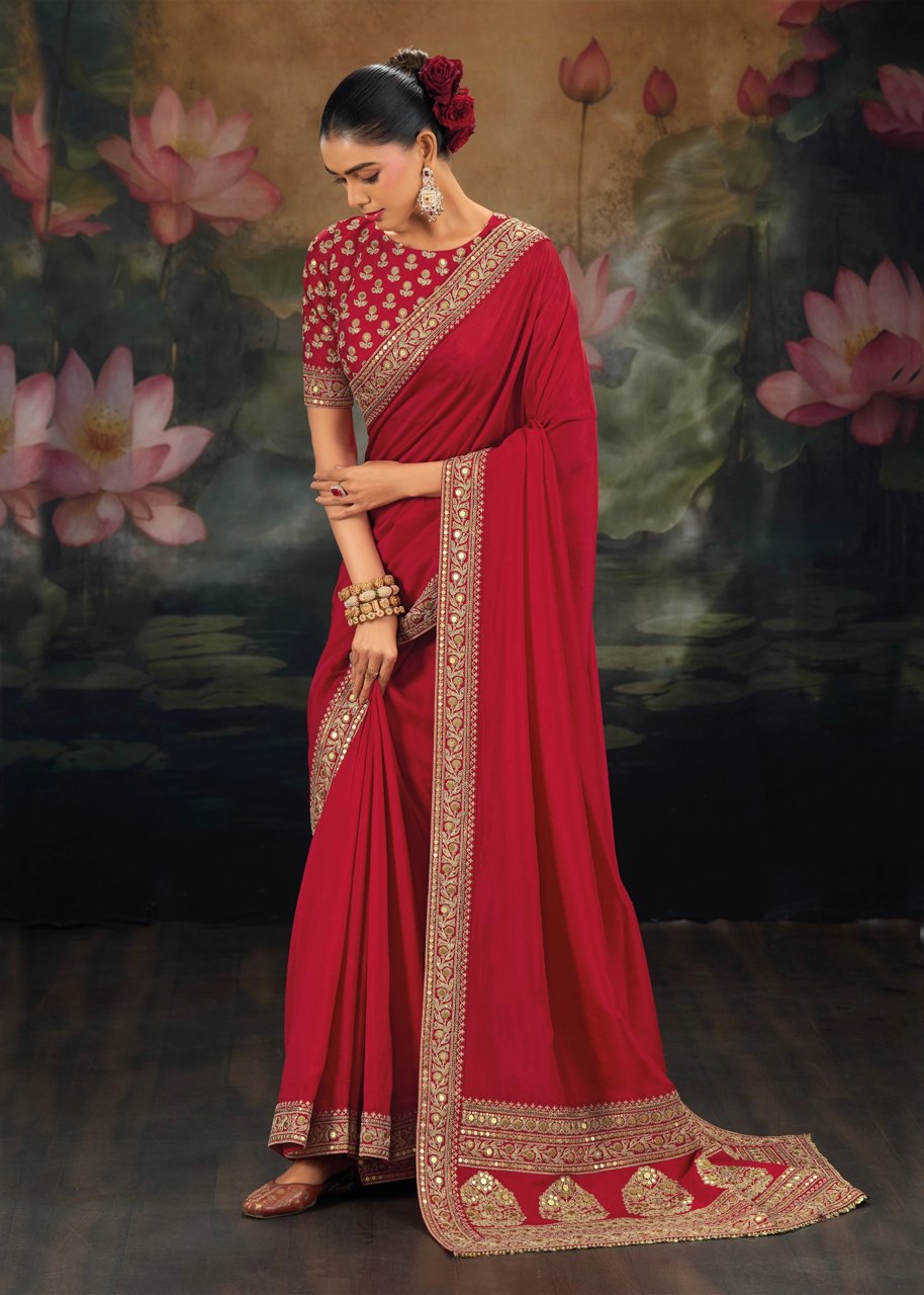 Fiery Red Embroidered Designer Saree