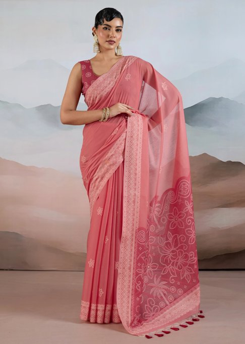 Flamingo Pink Woven Cotton Saree
