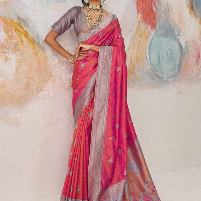 Flamingo Pink Woven Kanjivaram Silk Saree