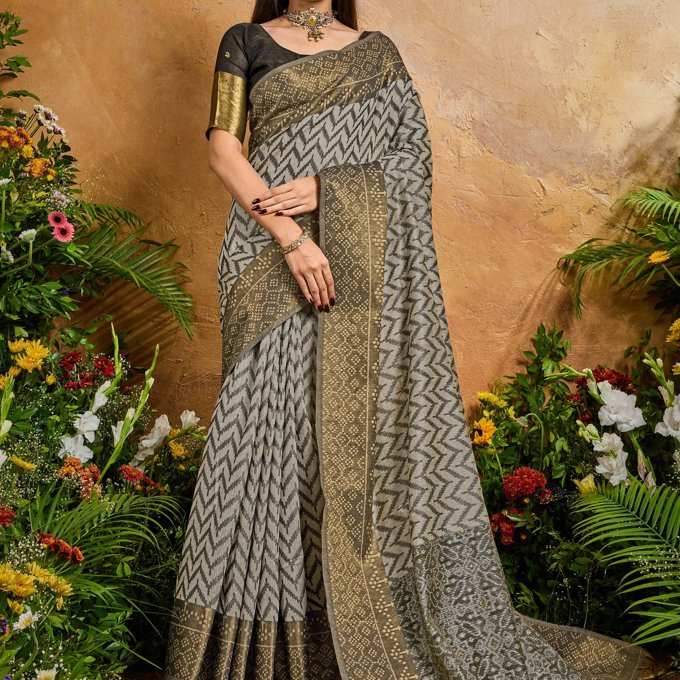 Fossil Grey Printed Patola Silk Saree