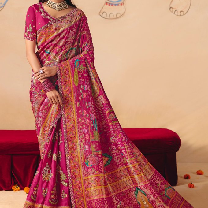 Fuchia Pink Designer Embroidered Saree
