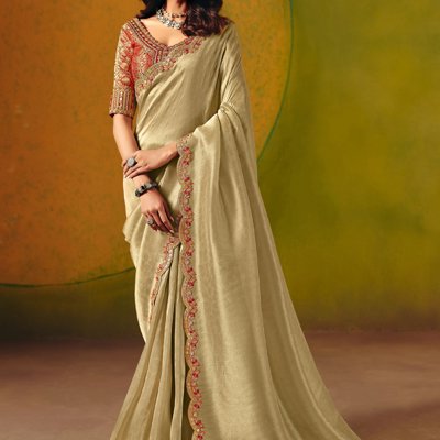 Golden Green Designer Embroidered Saree
