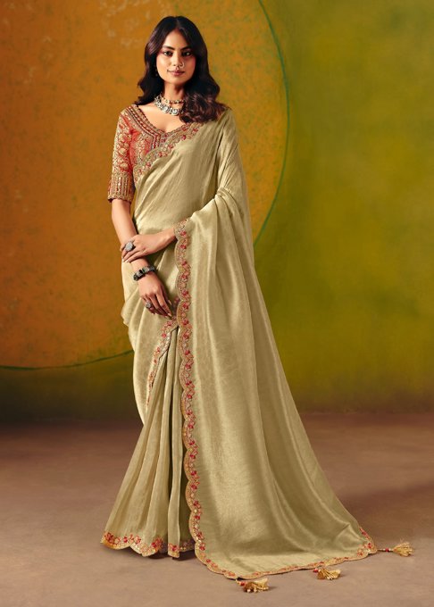 Golden Green Designer Embroidered Saree