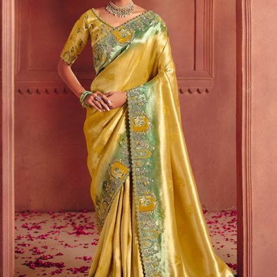 Golden Yellow Designer Embroidered Saree