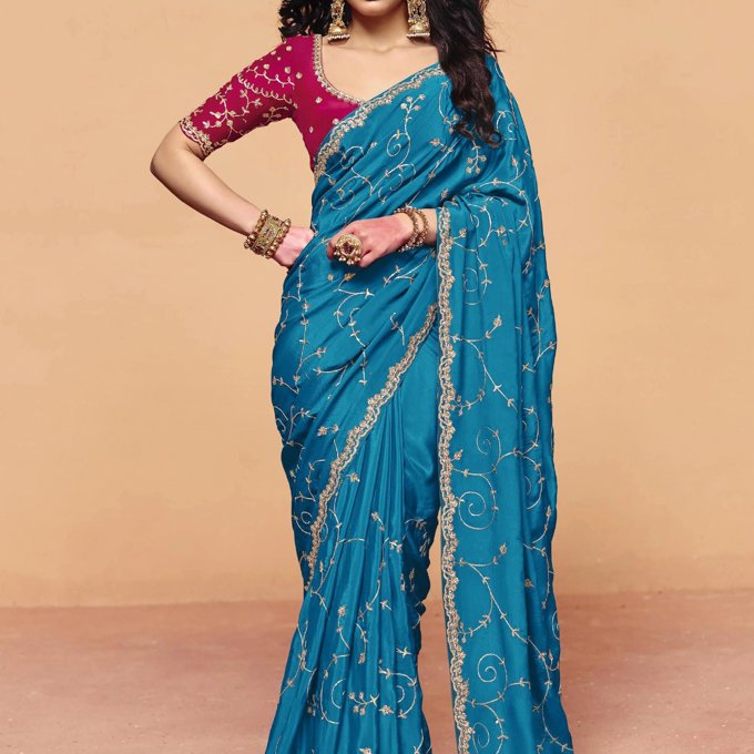 Heritage Blue Embroidered Designer Tissue Saree