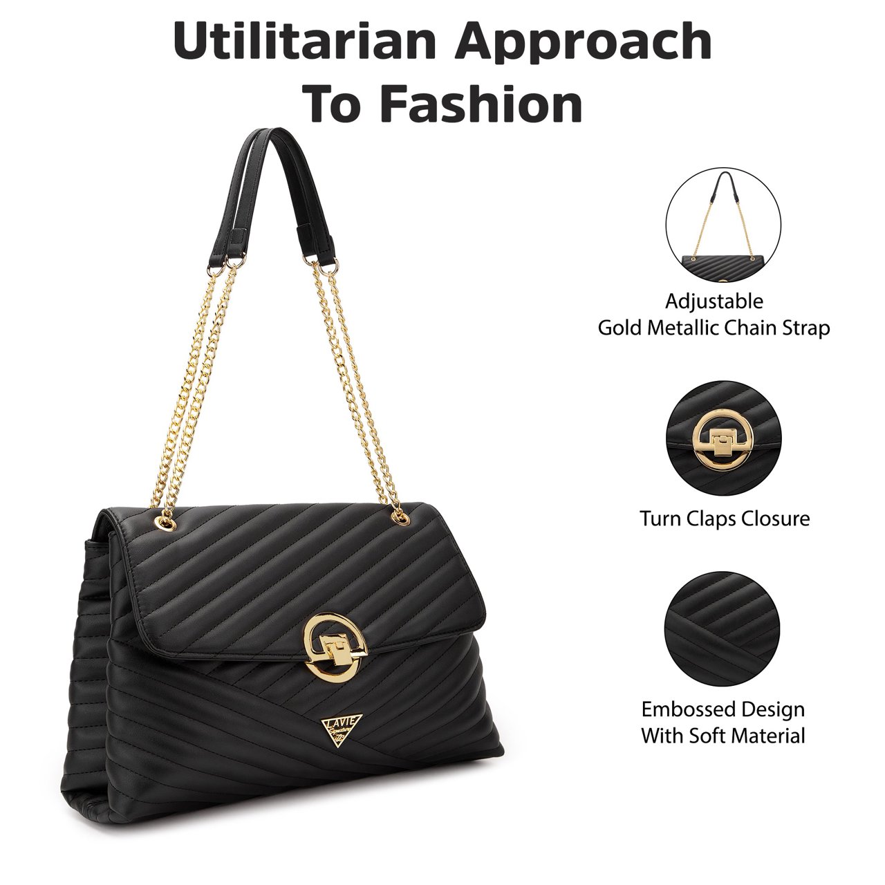 Denver Quilted Flap Large Black Satchel Bag