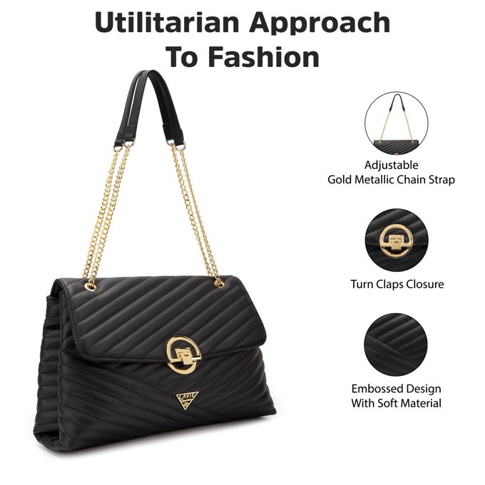 Denver Quilted Flap Large Black Satchel Bag