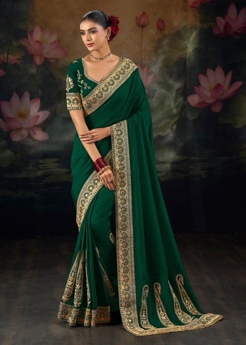 Hunter Green Embroidered Designer Saree