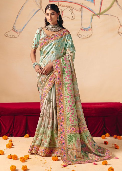 Ice Green Designer Embroidered Saree