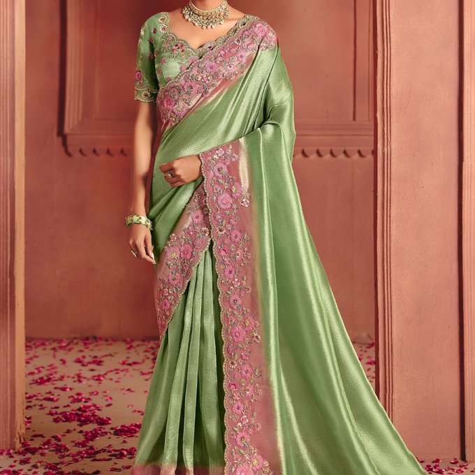 Irish Green Designer Embroidered Saree