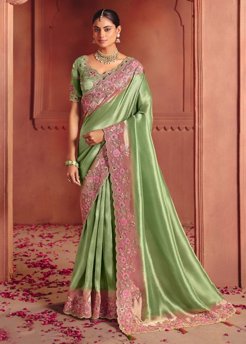 Irish Green Designer Embroidered Saree