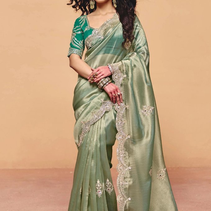 Irish Green Embroidered Designer Tissue Saree