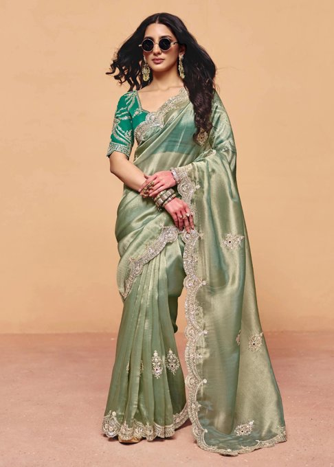 Irish Green Embroidered Designer Tissue Saree