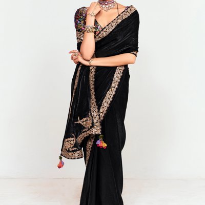 Jet Black Designer Embroidered Tissue Saree