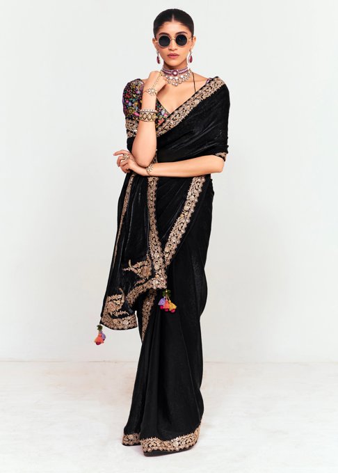 Jet Black Designer Embroidered Tissue Saree