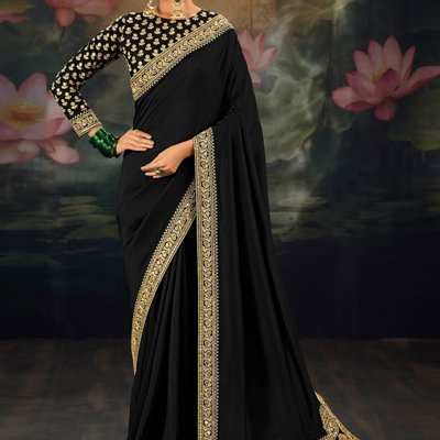 Jet Black Embroidered Designer Saree