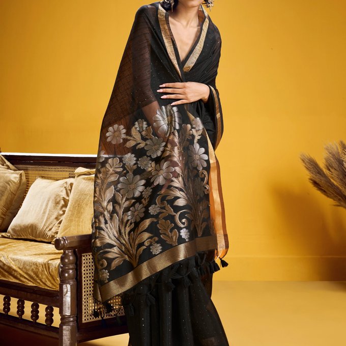 Jet Black Woven Cotton Silk Saree