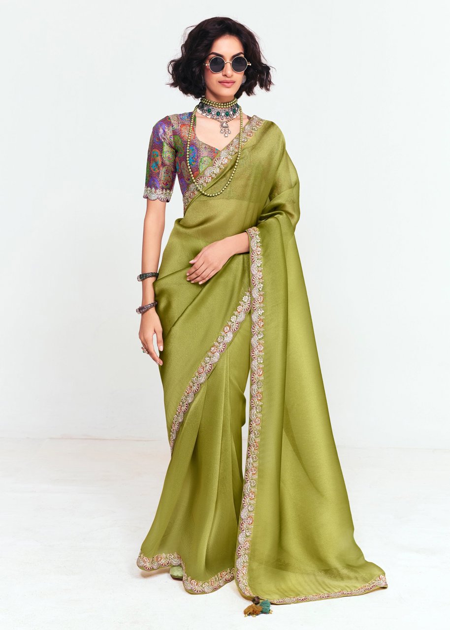 Kiwi Green Designer Embroidered Tissue Saree