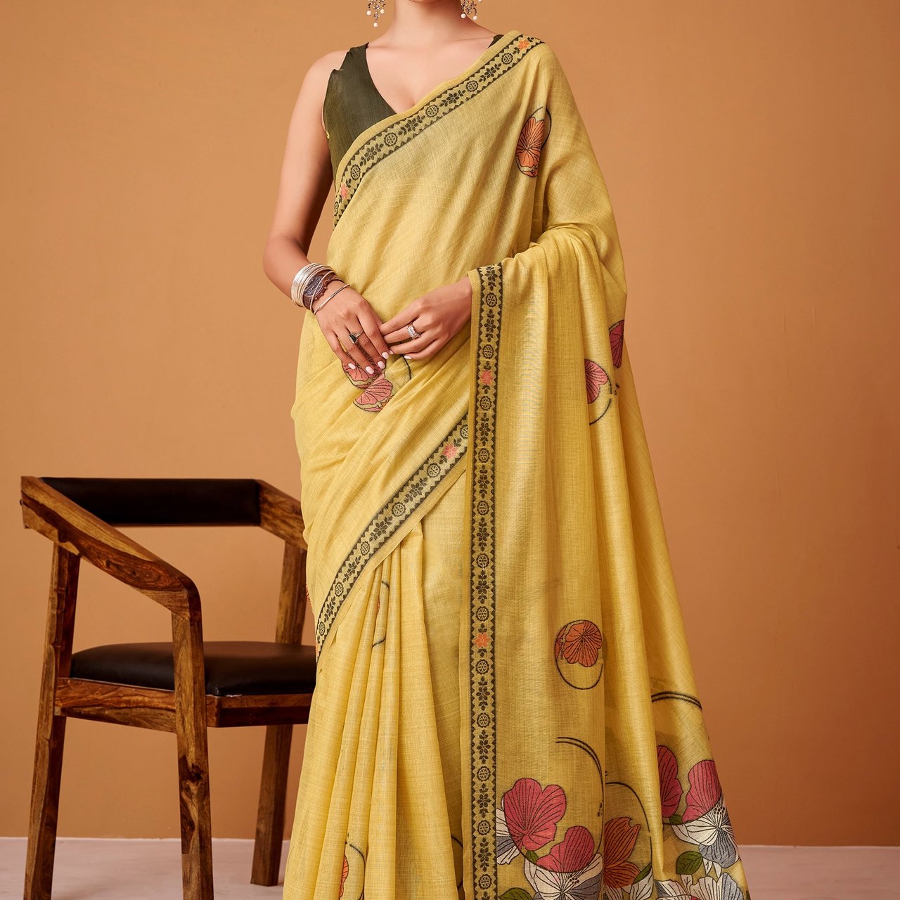 Lemon Yellow Woven Cotton Saree