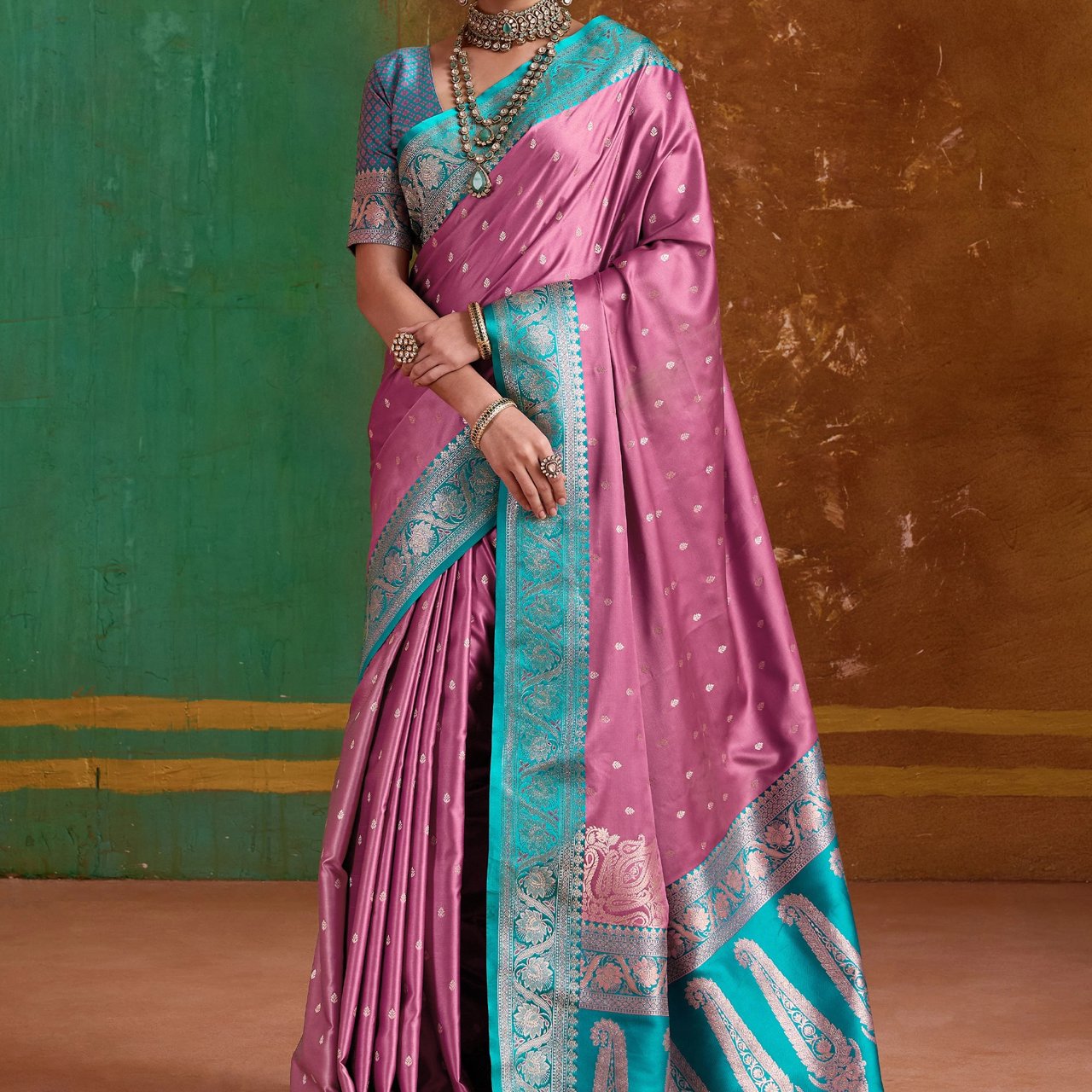 Lilac Pink Banarasi Satin Silk Saree
