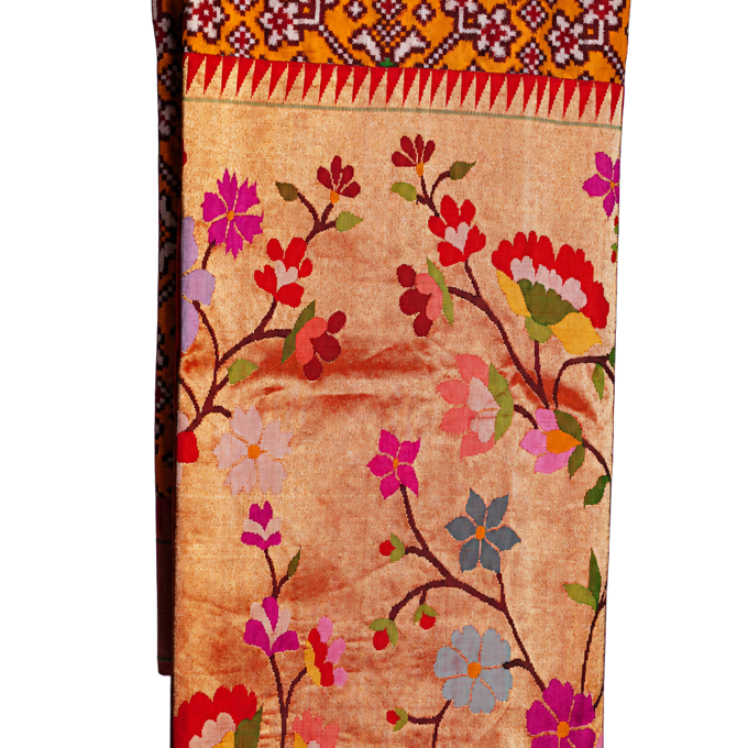 Fusion Patan Patola Silk Orange Saree with Paithani Big Border