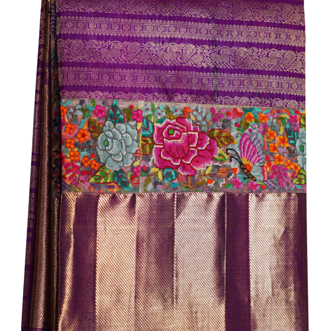 Fusion Kanchipuram Silk Purple Saree with Petit Point Work Border