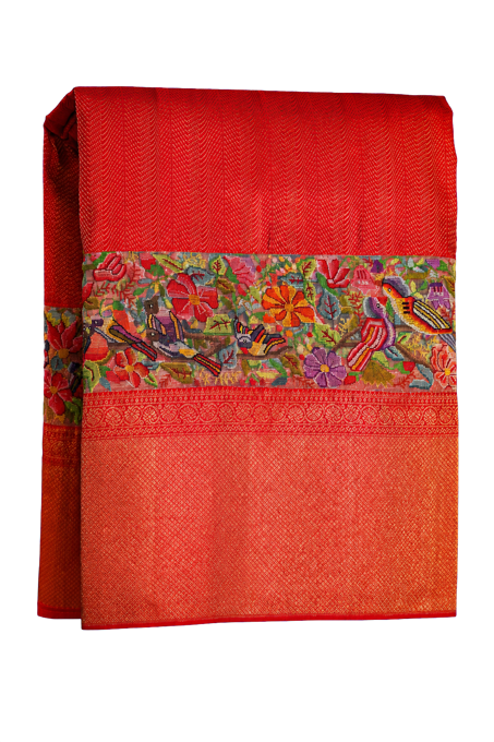 Fusion Kanchipuram Silk Red Saree with Petit Point Work Border