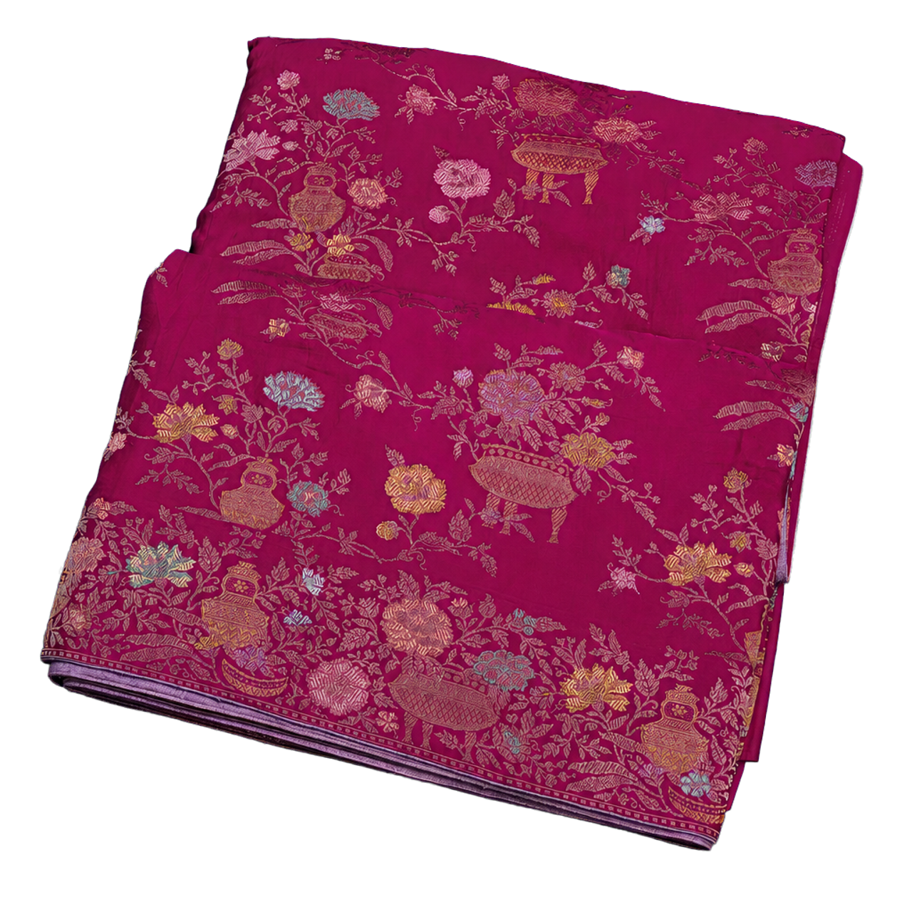 Banarasi Silk Jamdani Weaving Dark Pink Saree with Florals and Leaves Body and Self Florals and Leaves Border
