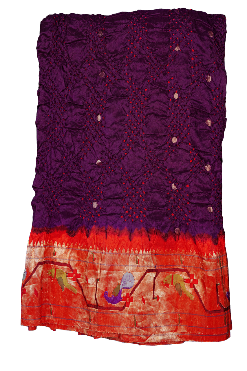 Bandhani Silk Dark Violet Saree with Bandhani Dots Body and Paithani Border