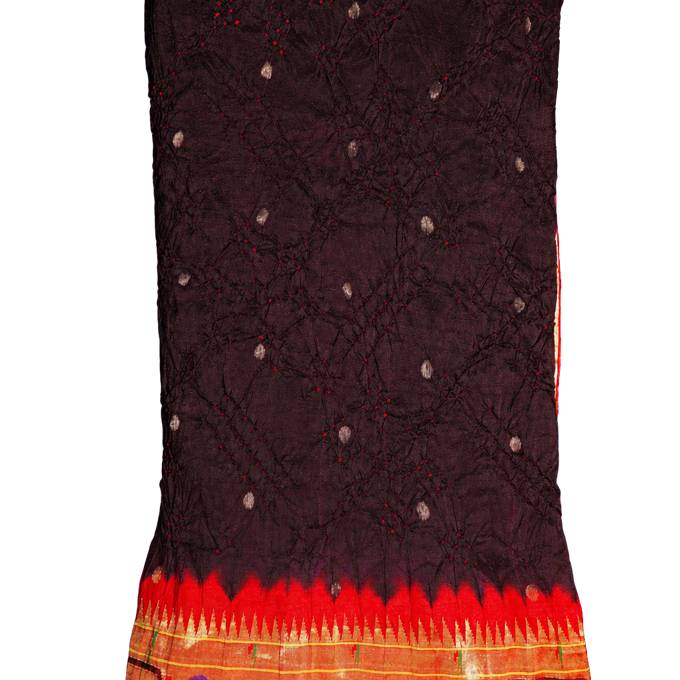 Bandhani Silk Brown Saree with Paithani Akruti Border