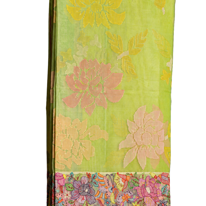 Fusion Banarasi Organza Green Saree All Over Floral Weaving with Petit Point Work Border