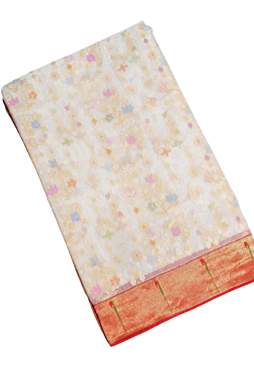 Fusion Silk Off White Jamdani Weaving Saree with Muniya Buttis in Zari Border