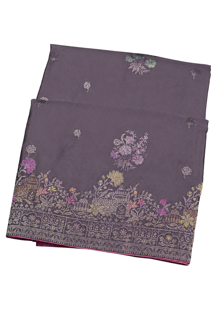 Banarasi Silk Royal Blue Saree with Florals Body Self Florals and Leaves Border