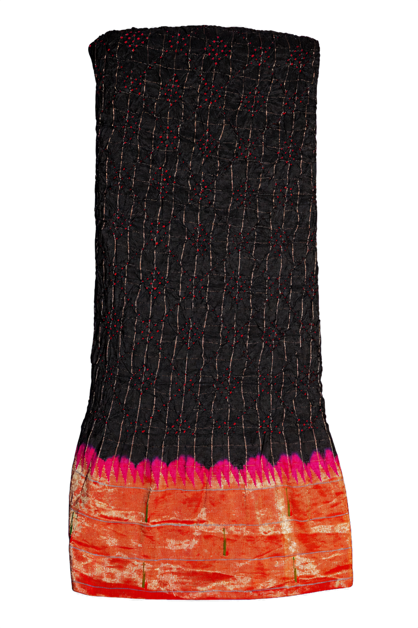 Bandhani Silk Black Saree with Paithani Triple Muniya Border