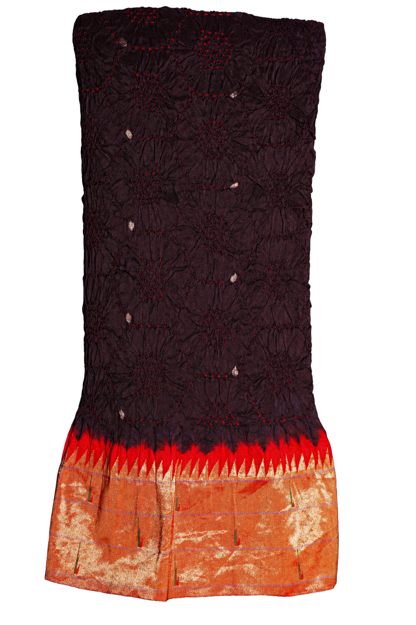Bandhani Silk Dark Wine Saree with Paithani Triple Muniya Border