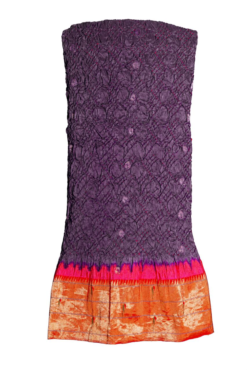Bandhani Silk Navy Blue Saree with Paithani Triple Muniya Border