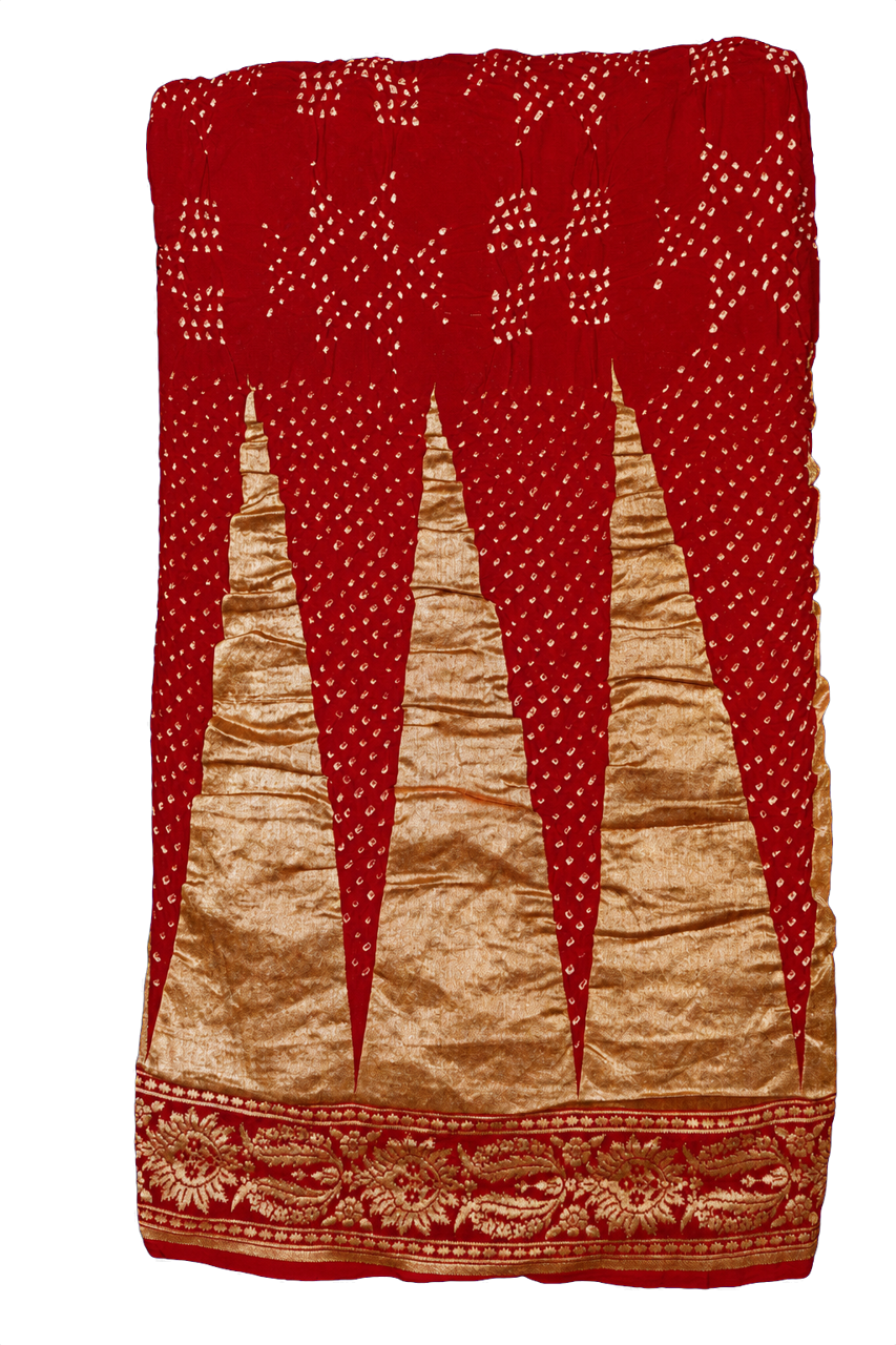 Bandhani Silk Red Saree with Florals and Leaves in Bandhani Body